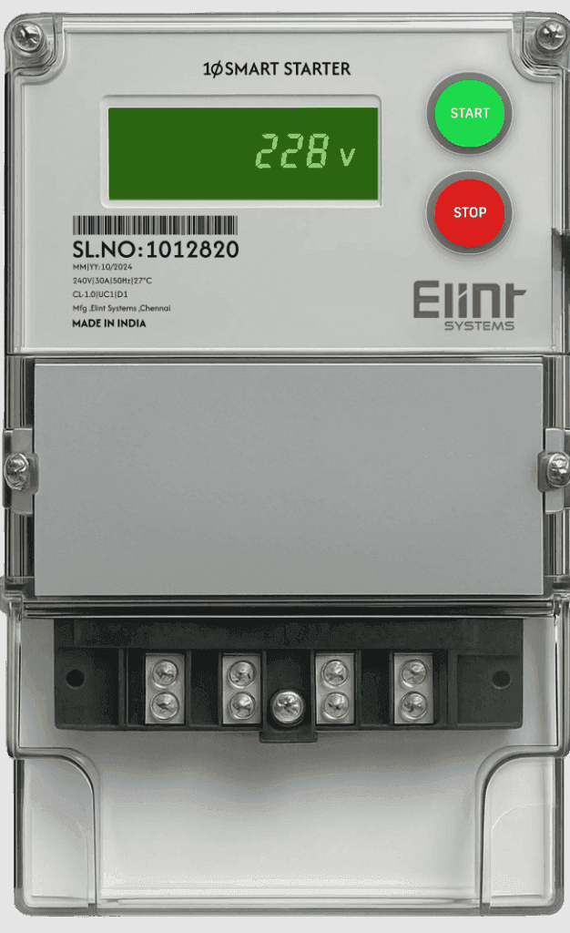 Single-phase wireless smart starter with real-time pump monitoring, protection, and automation features .